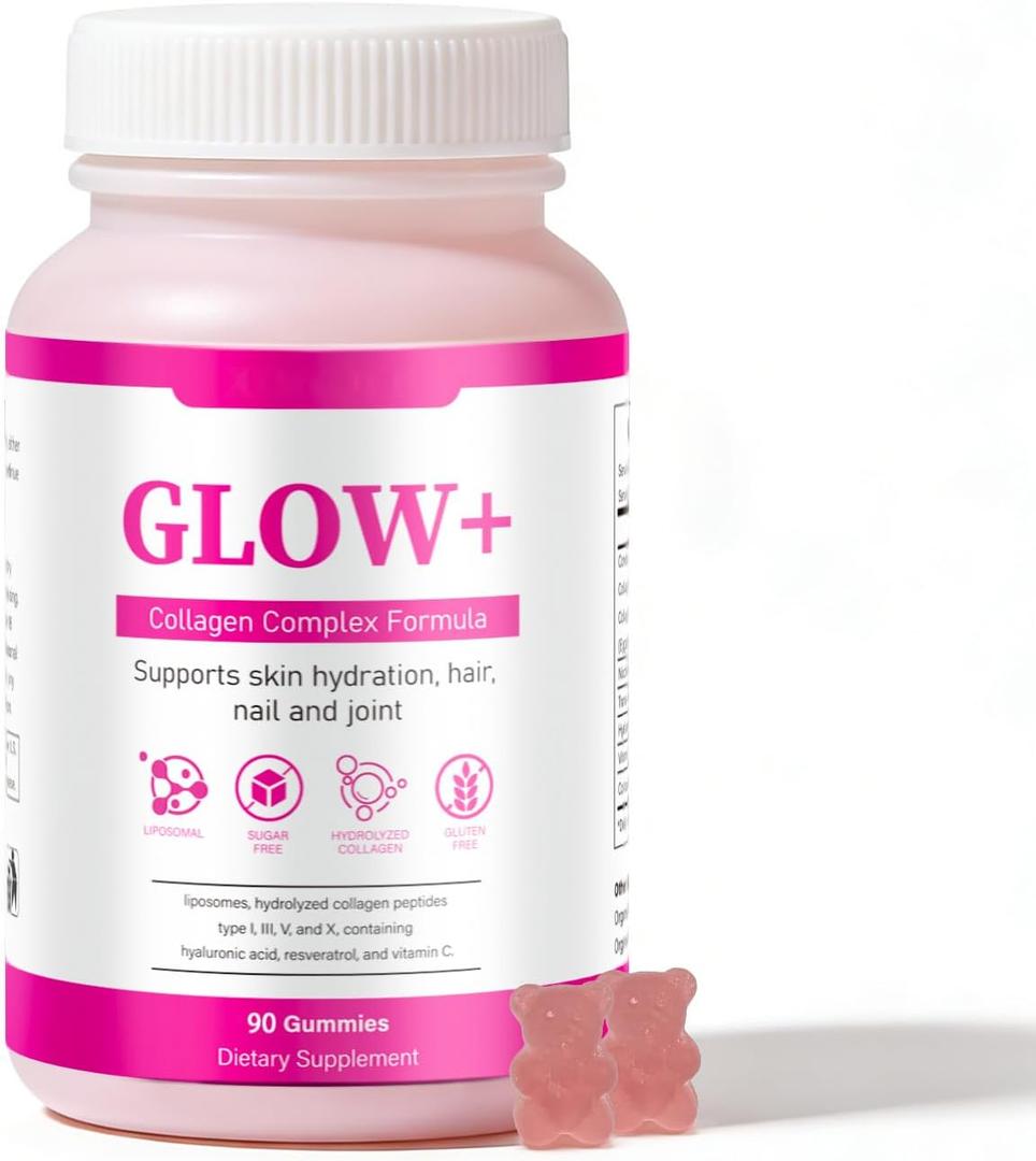 Glow Collagen Gummies with Hyaluronic Acid & Resveratrol | Gentle Support for Skin, Hair & Nail Care | Non-GMO | 90 Count (1)