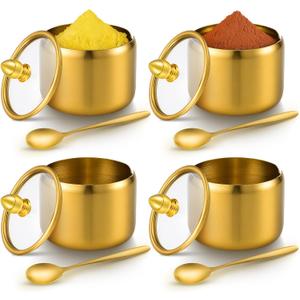 Sibba 4 Pack 10oz Gold Sugar Bowl with Lid And Spoon, Gold Sugar Container Stainless Steel Sugars Creamer Container Durable Round Jar for Coffee Bar Kitchen Accessories for Sugars Salt Coffee Bean