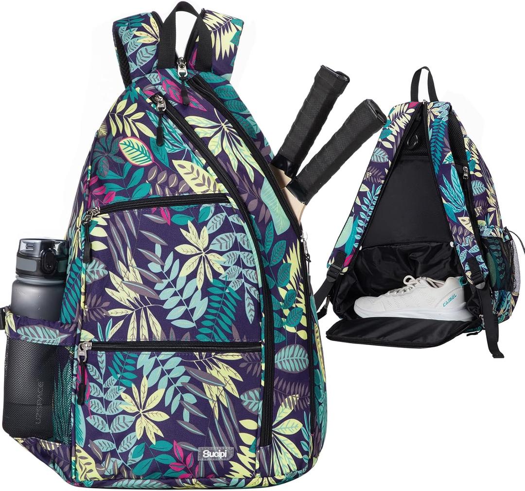 Sucipi Pickleball Bag - Men's & Women's Pickleball Backpack, Adjustable Sling Bag w/Fence Hook/Large Capacity/Safety Pocket (Purple Leaf, Large)