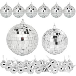 Mini Mirror Disco Ball Decor: 32 Pack Hanging Mirror Ball Ornaments Different Sizes - Small Disco Balls Decorations Bulk for Party Christmas Tree Cake Room Birthday (Silver)