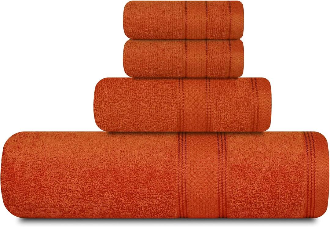 Casa Lino 4 Piece Bath Towel Set | 1 Bath Towel, 2 Wash Cloth, 1 Hand Towels | Bathroom Essentials for New Home, 100% Cotton Luxury Towels, Highly Absorbent Bathroom Set, Coral Orange.