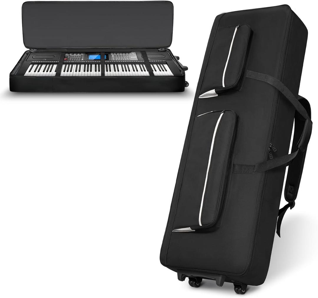 88 Key Keyboard Case with Wheels, Padded Rolling Gig Bag with 4 Pockets, For Full 88Key-57.1"x18.1"x6.9"