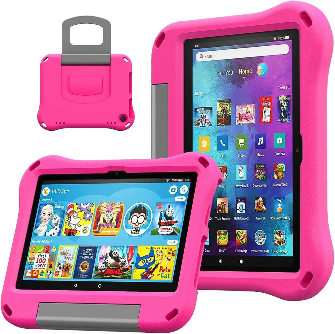Fire HD 8 Tablet Case for Kids,Kindle Fire HD 8 Case,Amazon Fire Tablet 8 Cases,DiHines Shockproof Handle Stand Kids Case Cover for Amazon Kindle Fire HD 8/8 Plus(12/10th Generation,2022/2024 Release) (pink)