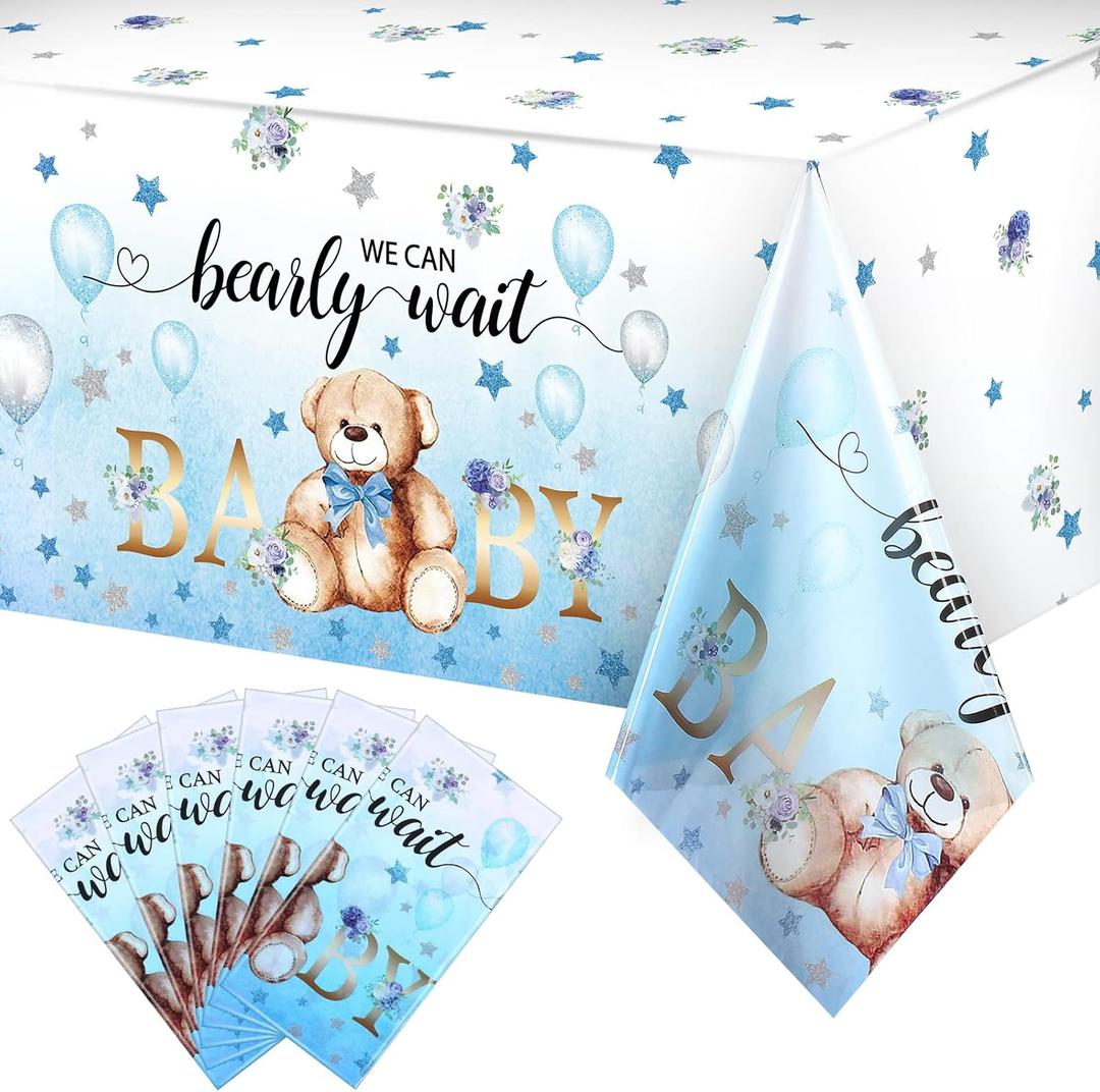 Tegeme 6 Pack Bear Baby Shower Tablecloth Plastic Bear Table Cover We Can Bearly Wait Tablecloth for Kids Birthday Party and Gender Reveal Decorations, 54 x 108 Inch (Blue)