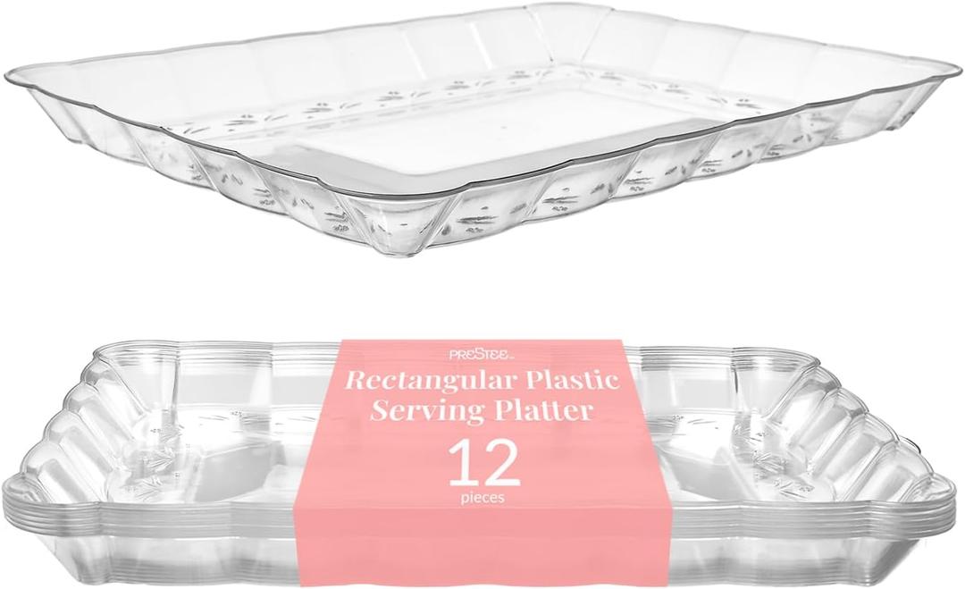 Prestee 12-Pack Rectangular Plastic Serving Platter - 9x13 Inches Disposable Food Tray for Parties and Events - Clear Platters for Dessert Table Displays, Appetizers, Snacks, and More