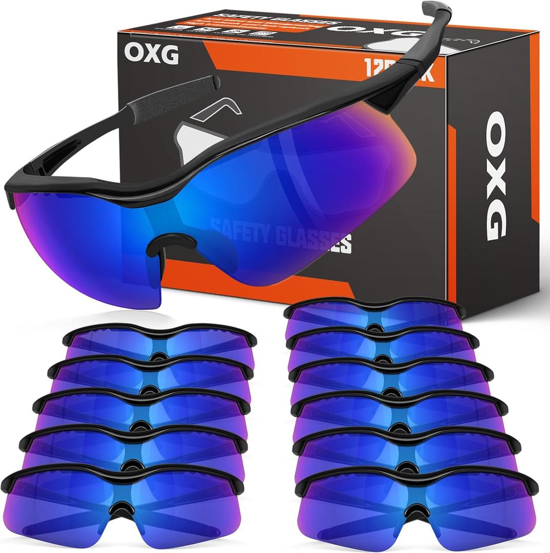 OXG 12 Pack Safety Glasses, ANSI Z87.1 Impact Resistant Anti-Scratch Safety Goggles for Men Women Youth (Blue Mirrored)