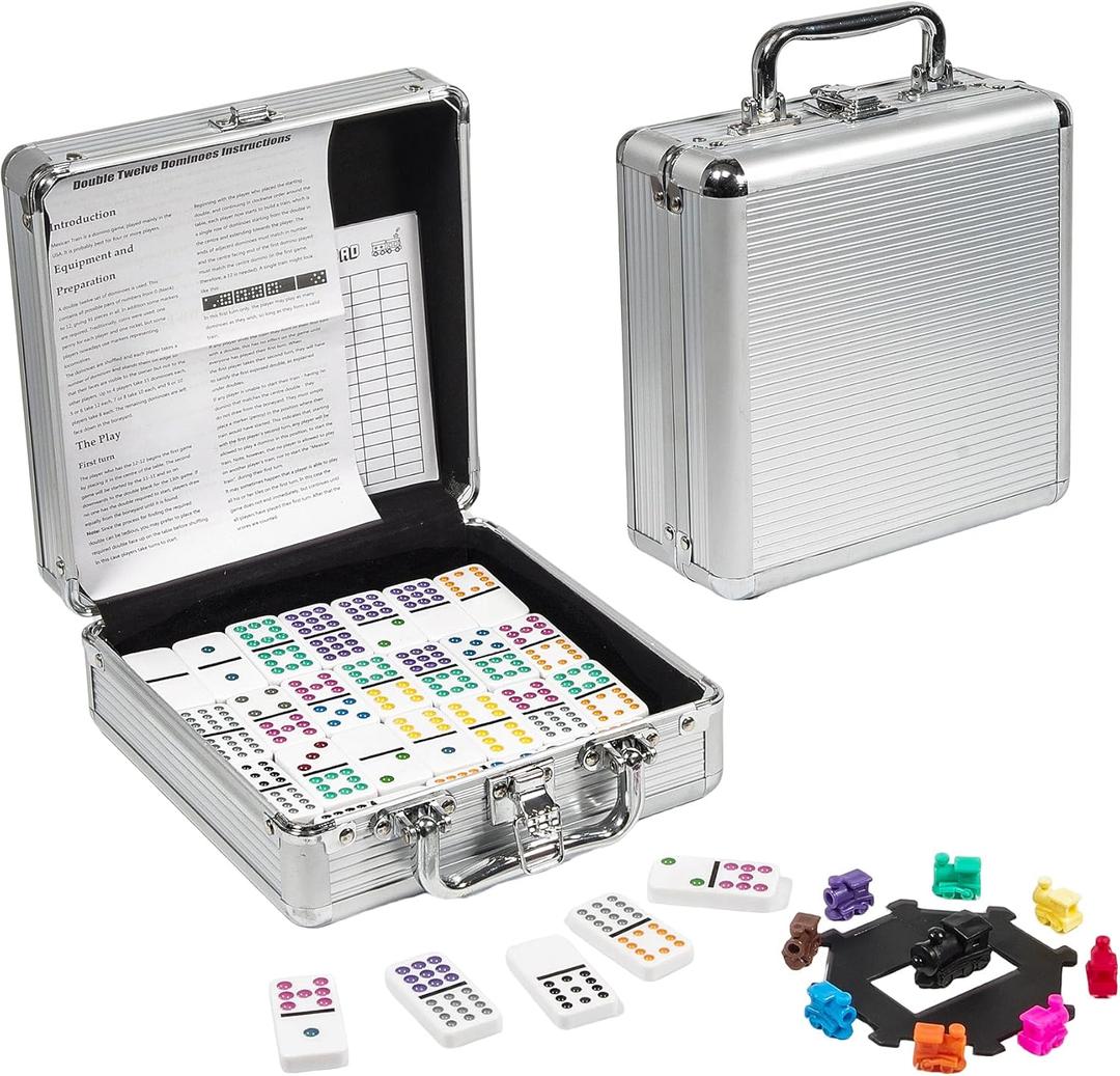 Dominoes Sets with Mexican Train for Adult,Domino Tile Board Game with Hub for Kids Family,Double 12 Classic Board Games with Aluminum Carry Case(Dots)