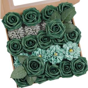 Artificial Flowers Combo Box Dark Green Fake Rose Flower for Wedding Decor | Mix Silk Dahlia Mum Flowers with Stem for DIY Bridal Bouquet, Table Centerpiece, Floral Arrangement, Baby Shower Decorations