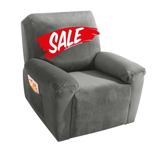 MAXIJIN Velvet 4 Piece Recliner Cover Stretch Plush Soft Cover for Chair Thick Soft Recliner Slipcover Separate Chair Cover with Side Pocket (Recliner, Gray)