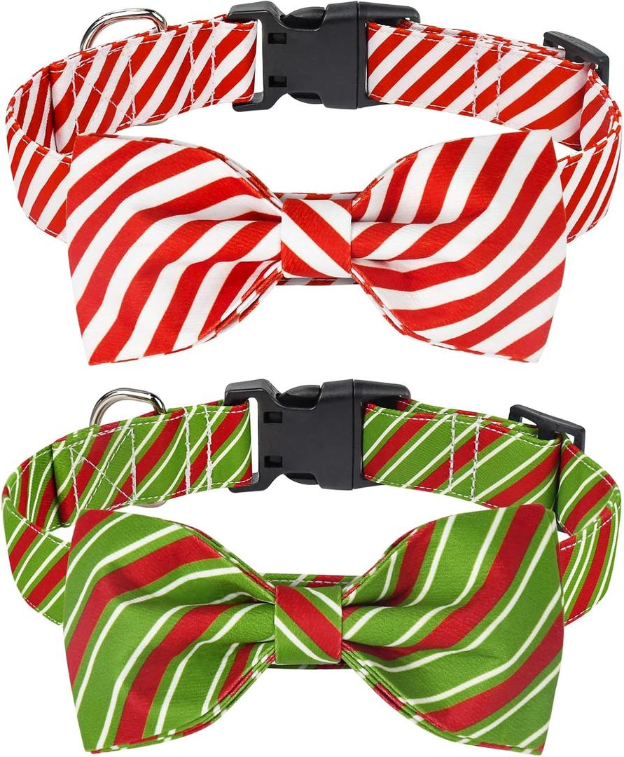 Malier 2 Pack Christmas Collars with Bowtie, Classic Stripe Dog & Cat Collars for Small to Large Pets (Medium, Red + Green Stripe)
