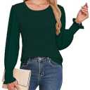 Kopinma Blouses for Women Casual Puff Long Sleeve Shirts Crew Neck Blouses Knite Textured Smocked Cuffs Tunic Top (Green, M)