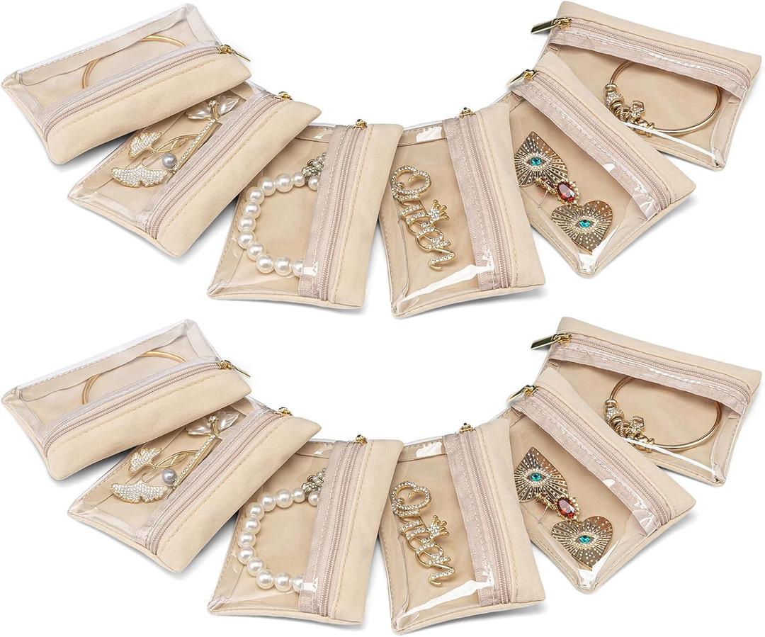 VLANDO Jewelry Travel Case, Travel Jewelry Organizer with Clear Velvet Jewelry Bags Zipper Pouch for Women Girl Gift 12Pcs Bag