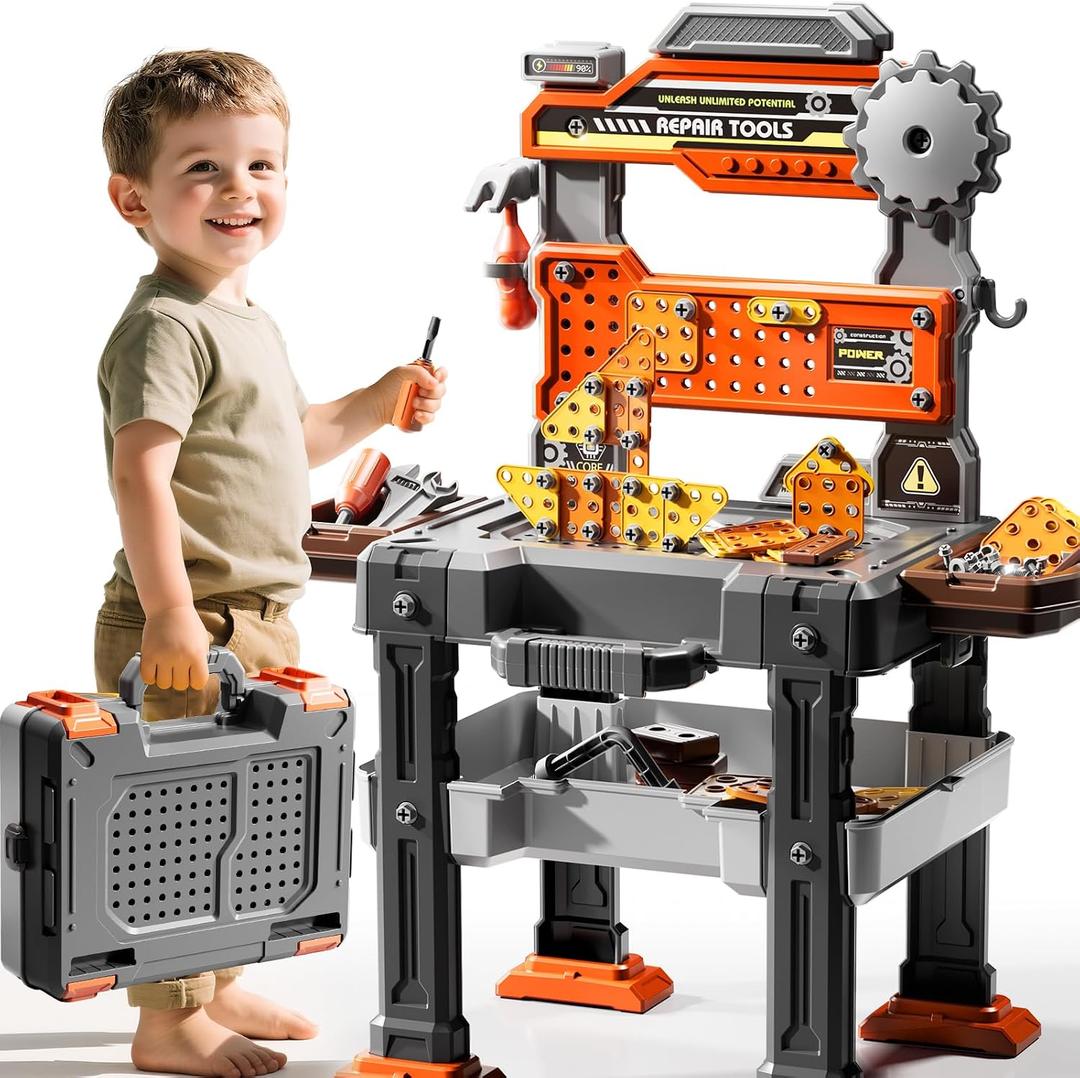 2 in 1 Workbench Tools Toys Set with Sound for Toddlers Aged 3-5, 145 PCS Educational Construction Mechanic Toolbox for Boys Girls, Pretend Play Toys Birthday Gift for Kids 3 4 5 6 Years Old, Large