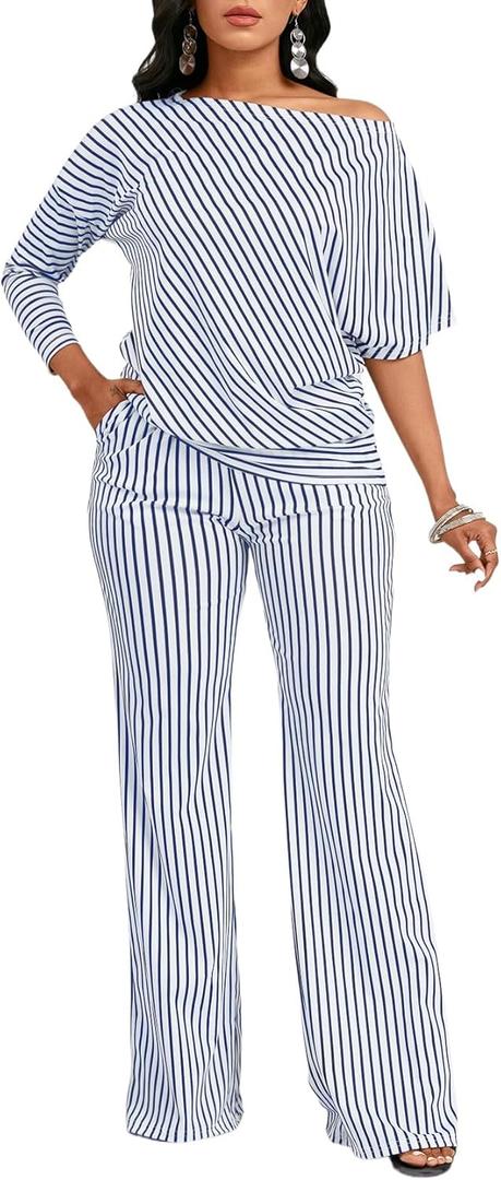 FairyLove Two Piece Sets for Women Lounge Sets Cowl Neck Tops Wide Leg Crop Pants Vacation Travel Outfits (Large, Blue)