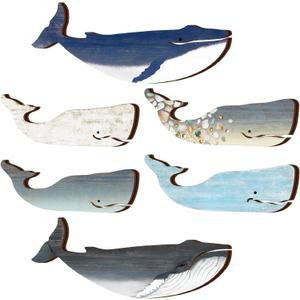 Wesiti 6 Pcs Wooden Whale Wall Art Bulk Nautical Coastal Theme Ocean Fish Hanging Decor Rustic Vintage Whale Wall Pediments Ornaments with Screws for Housewarming Living Room Bathroom Bedroom Nursery