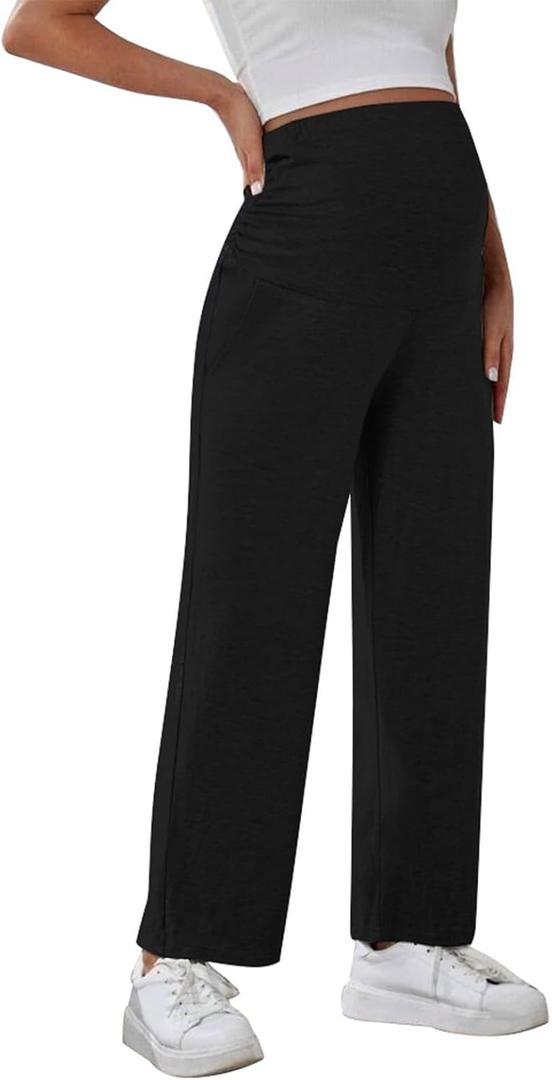 Maternity Pants Wide Leg Pregnancy Pants for Work Sweatpants Loose Maternity Loungepants Pajamawear with Adjustable Belt(Black,Large) (Black, L)