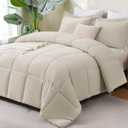 CozyLux Full Size Comforter Sets - Beige Comforter Full Size, 3 Pieces Box Stitched Bed Set for All Seasons, Soft Lightweight Bedding Sets with 1 Down Alternative Comforter and 2 Pillow Shams
