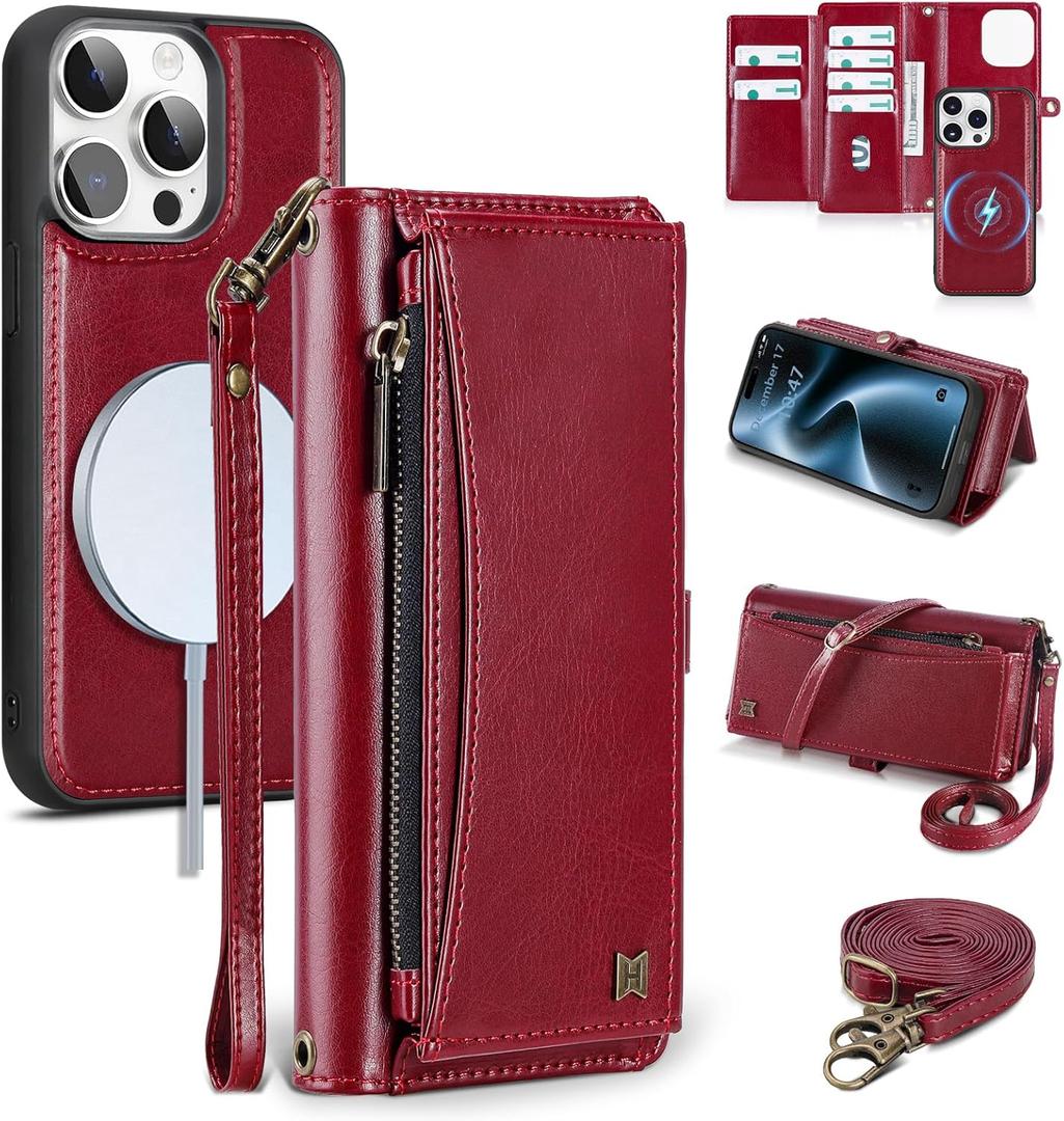 Wallet Case for iPhone 15 Pro Max with Card Holder/Crossbody Wallet/Strap| RFID Blocking | Magnetic | Kickstand | Detachable | PU Leather Phone Case for iPhone 15 Pro Max,6.7 in,Wine Red