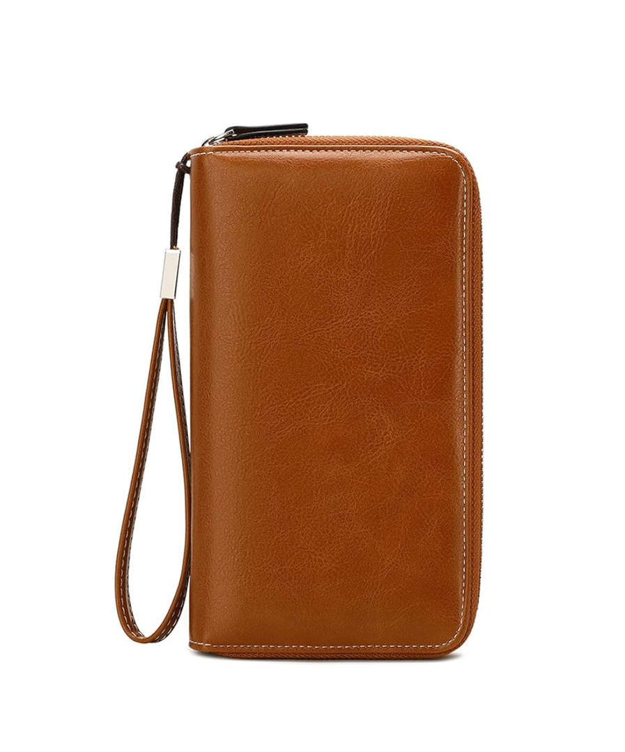 VONCOSS Women's RFID Blocking Leather Wallet - Large Capacity Double Zip Around Clutch with Wristlet,Secure Travel Purse and Phone Holder