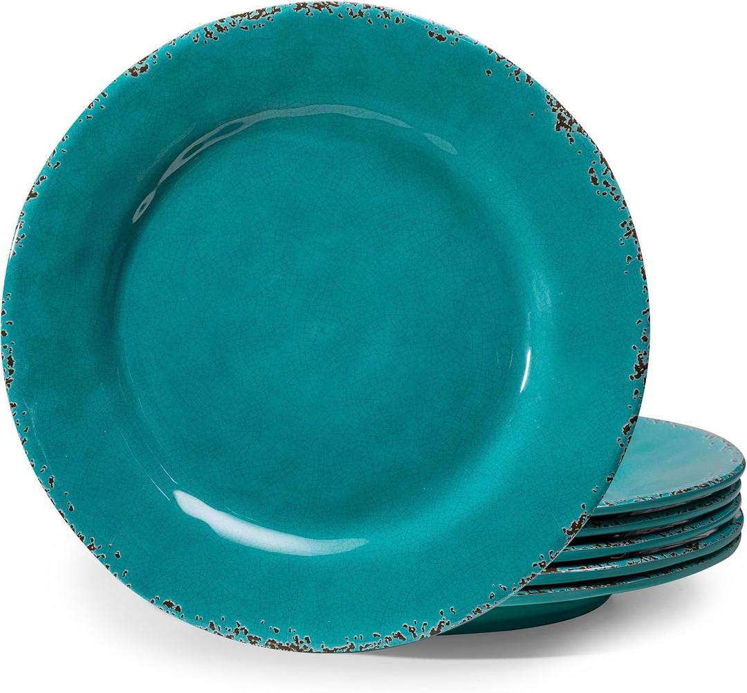 Dinner Plates, 6 Piece Vintage Melamine dinnerware Set, 11-inch Melamine Salad/Dessert Plates, Set of 6, Outdoor Pasta Plates or Shallow Bowl for Patio and Everyday Use, Teal