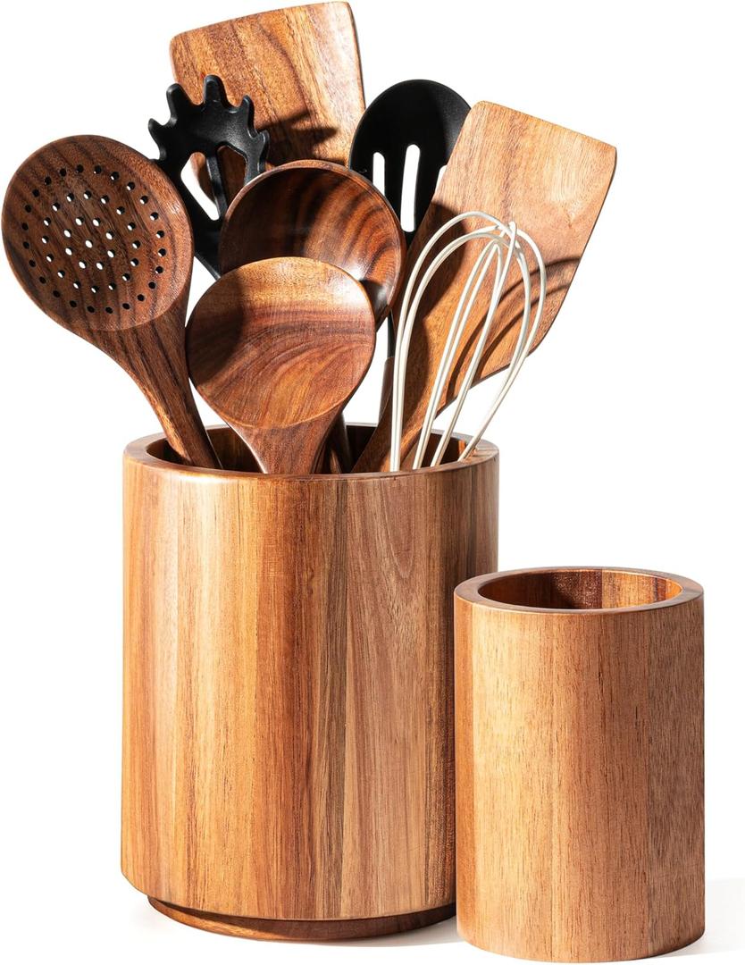 Criusia Utensil Holder 2 Pack, 360 Rotating Acacia Wood Cooking Utensil Crocks for Kitchen Counter, Farmhouse & Modern Decor, (1 Large,1 Small)