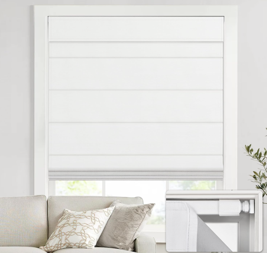 UNISHADES no Drill Cordless Roman Shades for Windows, 29" W × 64" H - 100% Blackout - Linen - Mist White