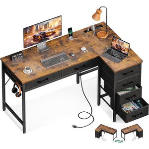 L Shaped Desk with 6 Drawers Rustic Wood