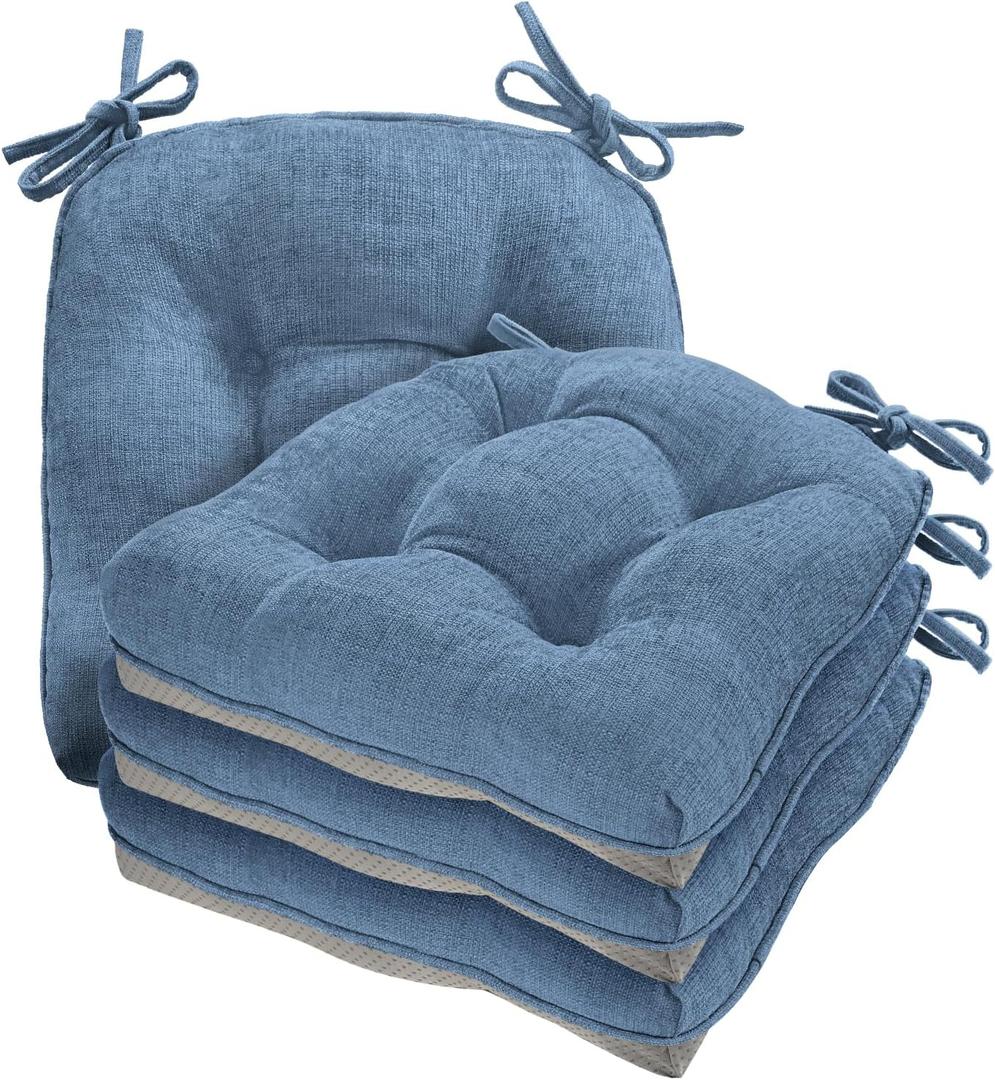 Cozyide Chair Cushions for Dining Chairs, 17" x 17" Non-Slip Kitchen Chair Pads with Adjustable Ties, Memory Foam Indoor Chair Cushions for Dining Room, Blue (Pack of 4)