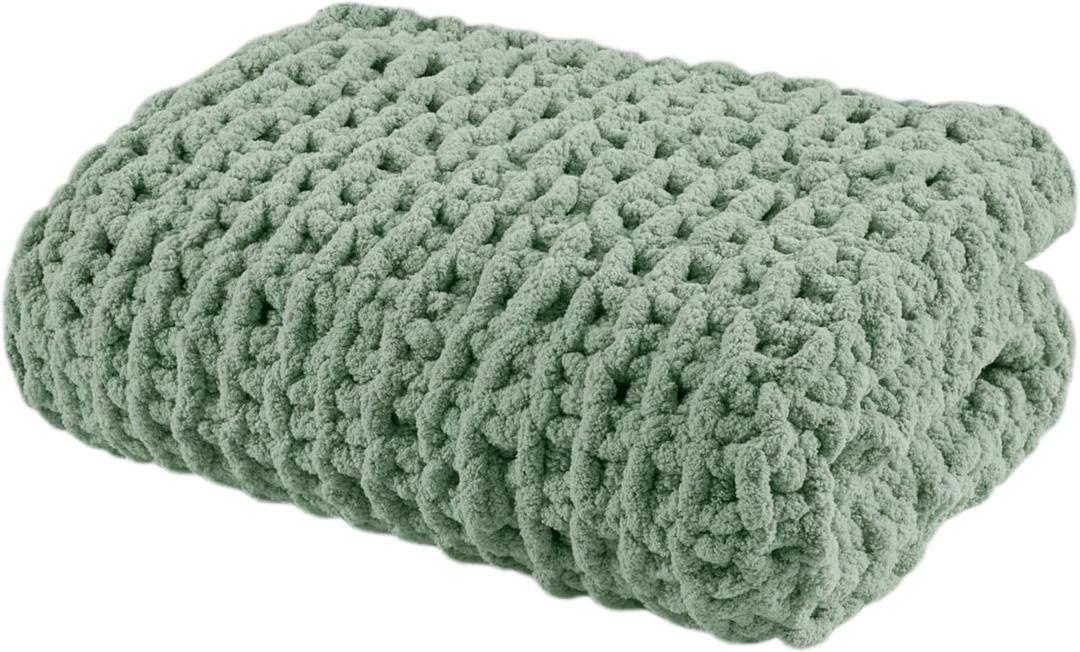 Madison Park Chenille Chunky Knit Handmade Throw Blanket, Luxuriously Soft Gift Blankets, Cottage Style Room Dcor, Lightweight & Breathable All Seasons Throw Blanket for Couch, 50"W x 60"L Sage Green