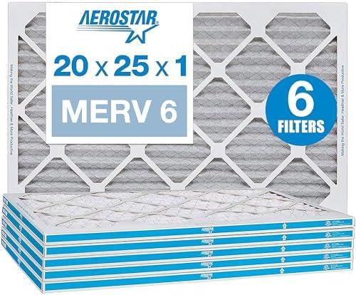 Aerostar 20x25x1 MERV 6 Pleated Air Filter, AC Furnace Air Filter, 6 Pack (Actual Size:20x20x1)