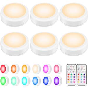 BLS LED Puck Lights with Remote Control, Wireless Under Cabinet & Closet Lighting, RGB 13 Color Changing Lights with Dimmer, Timer & AA Battery Operated, Push, Touch, Stick on for Night, White, 6 Pack