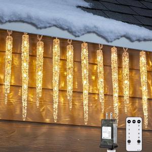 Icicle Lights Outside with Remote, 2 Pack Total 60ft 60 Tubes 300 LED Ice Shape String Lights, Connectable Hanging Christmas Decoration Lights for Tree Patio Roof Holiday Decor, Warm White