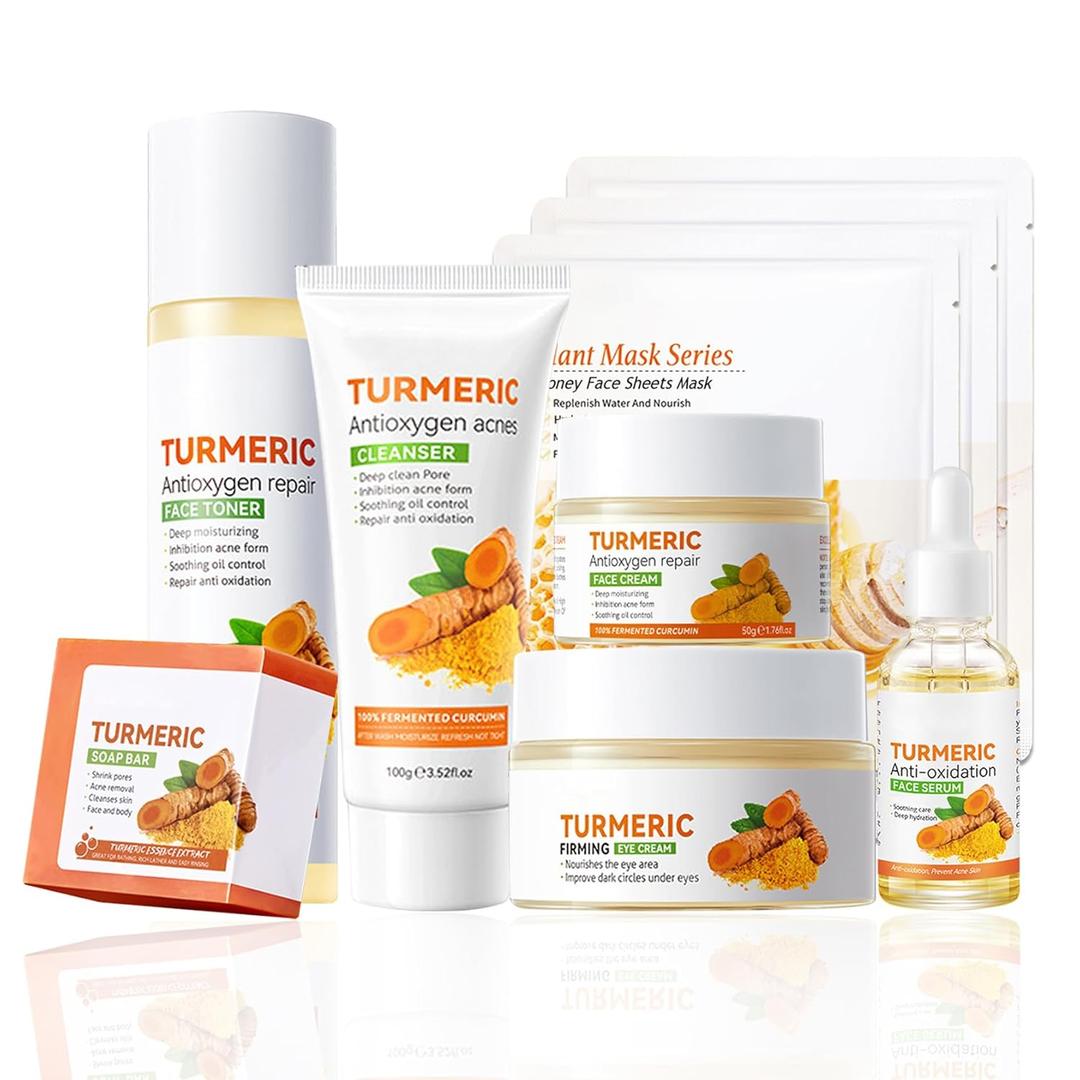 Turmeric Skin Care Set,9 Pcs Turmeric Skin Care Kit with 3 Honey Sheet Masks,Turmeric Soap Bar,Face Wash,Toner,Face Serum,Face Moisturizer Cream,Eye Cream