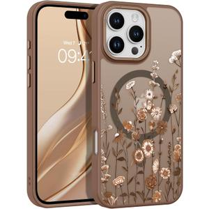 DOMAVER for iPhone 15 Pro Case, Magnetic Phone Case for iPhone 15 Pro [Compatible with MagSafe] Slim Fit Flowers Floral Design Shockproof Protective Bumper Women Men Girls Cover- Brown
