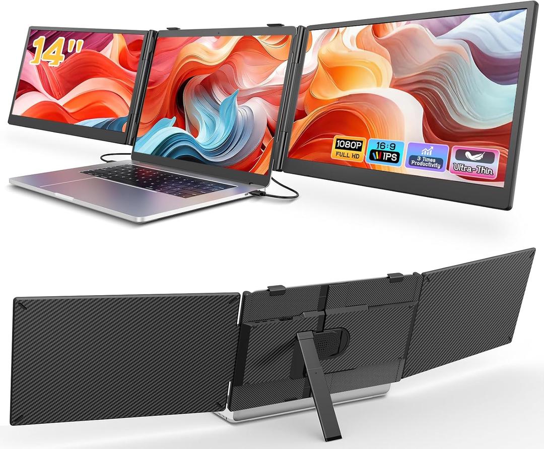 Laptop Screen Extender, 14'' FHD 1080P Ultra-Slim Triple Portable Monitor for Laptops, Two Cable USB-C Travel Monitor Extender Plug & Play for 13"-17" Laptop, Compatible with Wins/Mac/Android/Chrome