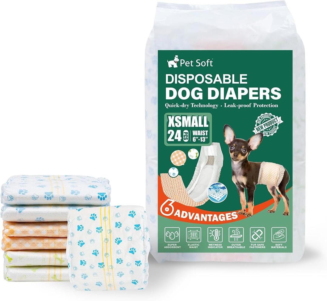 Pet Soft Disposable Dog Diapers - Male Dog Wraps Wetness Indicator, Ultra Absorbent Puppy Diapers Male for Excitable Urination or Incontinence, 24pcs X-Small