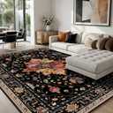 RELEANY Area Rugs 8'x10' Washable Non-Slip, Floral Vintage Distress Print Pattern Medallion Carpet for Living Room Bedroom Dining Room, Black Colorful Floral Dark Tan