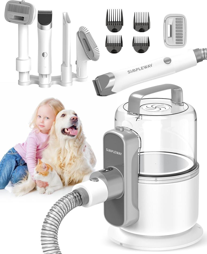 Dog Vacuum Grooming Kit for Shedding: Professional Hair Clippers Pet Groomer - Strong Suction Cleaner Deshedding Tool Fur Brush Attachment Trimmer for Home Cat (Off-White)