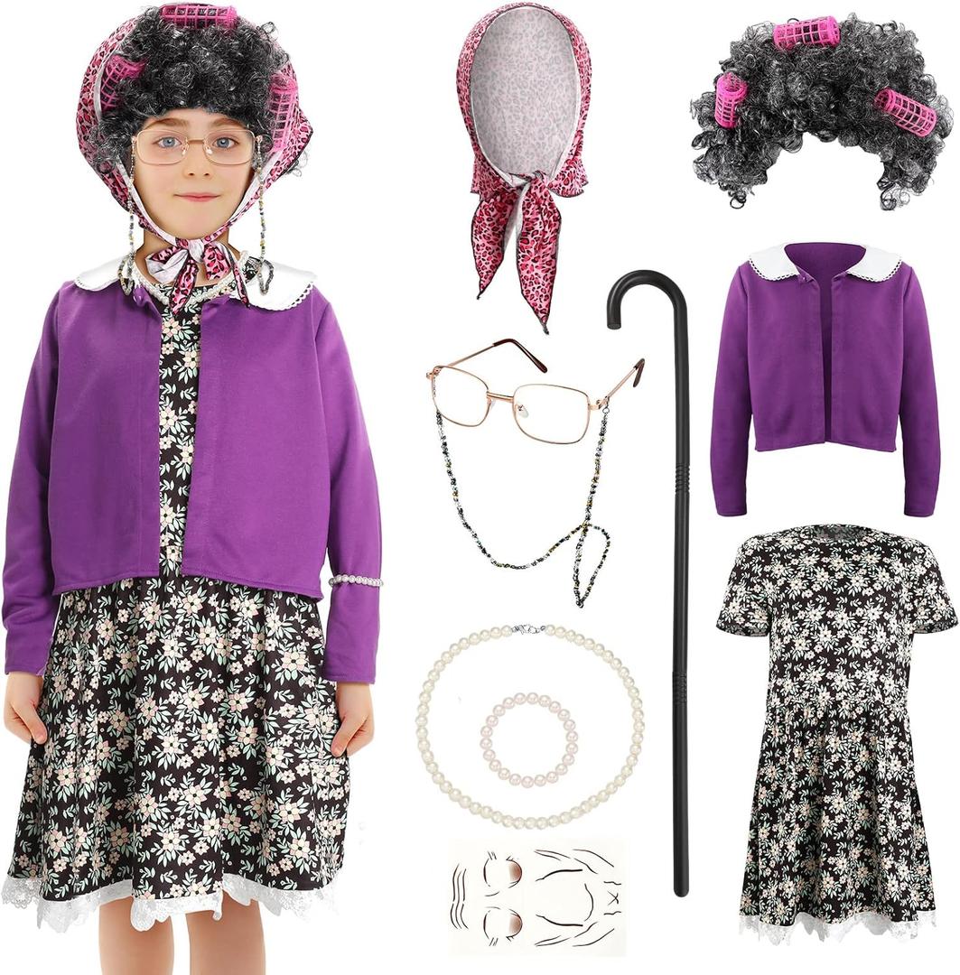 Zhanmai 15 Pcs Little Old Lady Costume Grandma Costume Set for Kids Granny Dress Halloween Accessories for Kids Girl (X-Small)