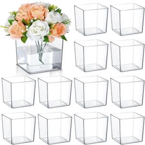 Tioncy 12 Pcs 6'' x 6'' Clear Square Vase Acrylic Cube Flower Plastic Vases Bulk for Centerpieces Succulent Pots Planters for Plant Wedding Home Office Floral Decor