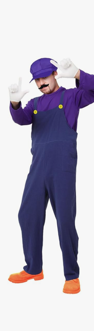 Bad Plumber Costume Overall Purple Shirt Hat Mustache Gloves Button for 80s Video Game Cosplay Halloween Standard L