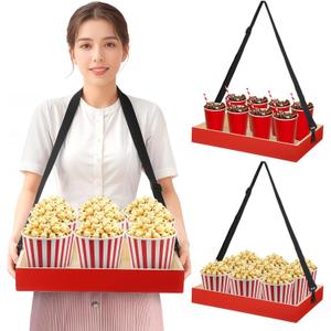 yeesport 2 Pcs Wooden Snack Trays with Straps, Handheld Serving Trays with Adjustable Shoulder Straps, Movie Popcorn Beverage Carriers, Vintage Red Drinking Holders for Parties and Picnics