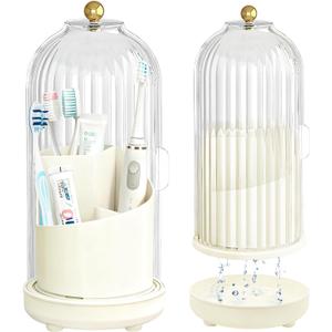 Multifunctional Rotating Toothbrush Holders with Sliding Lid and Draining Tray, 3-Slot Bathroom Countertop Vanity Organizer for Tooth Brush, Toothpaste, and Makeup Brushes Holder Storage (White)