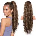 FLUFYMOOZ Ponytail Extension, 26 Inch Drawstring Ponytail Hair Extensions for Women Long Curly Wavy Ponytail Natural Synthetic Hairpiece for Women (26" Deep Brown with Dirty Blonde)