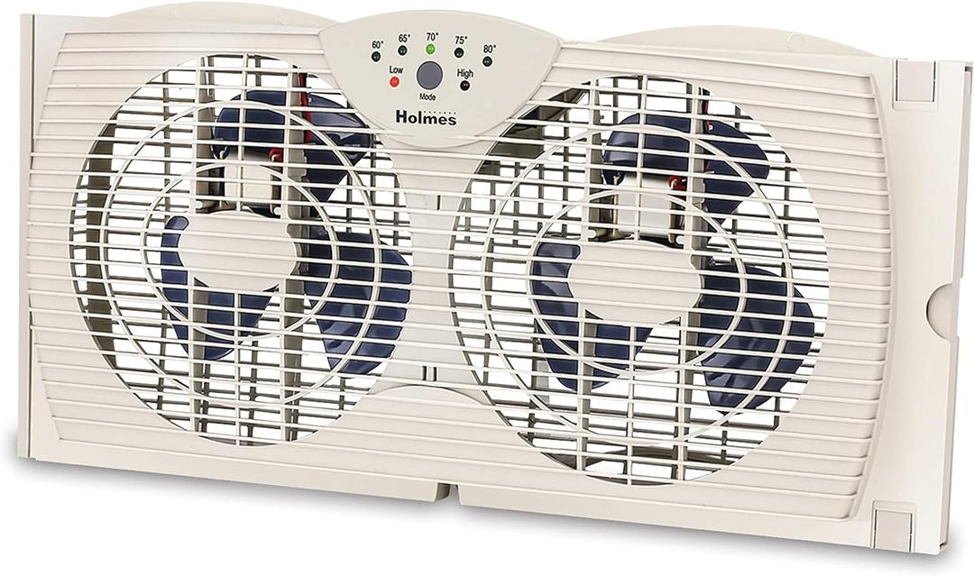HOLMES Dual Blade Digital Window Fan with Programmable Thermostat Control, Dual 3 Blade Fans, 2 Speeds, Expandable Side Panel with Additional Extender Panels, White