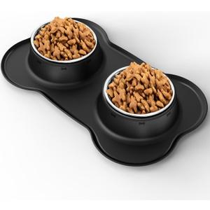 Pet Deluxe Dog Bowls Stainless Steel Dog Food Water Bowl Set with Stand, Feeding Bowls No Spill Non-Skid Silicone Mat, Dog Dishes for Small Medium Large Size Dog Puppy Pet Food Bowls, Black, 4 Cup (Large/38oz each)