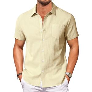 Vssjavun Mens Short Sleeve Button Down Shirts Casual Cotton Shirt Summer Beach Shirts (Beige, M)