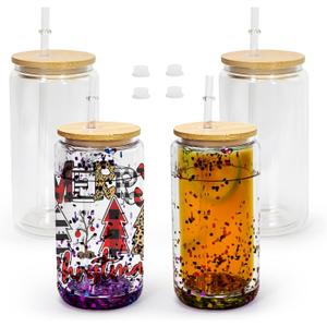 AGH 4 Pack Snow Globe Tumbler 16 oz Sublimation Snow Globe Glass Tumbler with Pre Drilled Hole Double Wall Snowglobe Glass Cups for Snow Globe Glitter DIY