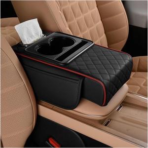 Zpana Car Center Console Armrest Pillow, Memory Foam Leather 4 in 1 Vehicle Arm Rest Cover with Tissue Box 2 Side Storage Bag Cup & Phone Holder, Auto Armrest Cushion, Universal Fit (Black/Red)