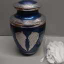 M MEILINXU Urns for Human Ashes Adult Man & Women, Cremation Urn for Ashes Adult Male & Female, Burial Urn, Decorative Urns for Funeral, Silver Engraved Angel Wings, Dark Blue and Silvery - Large